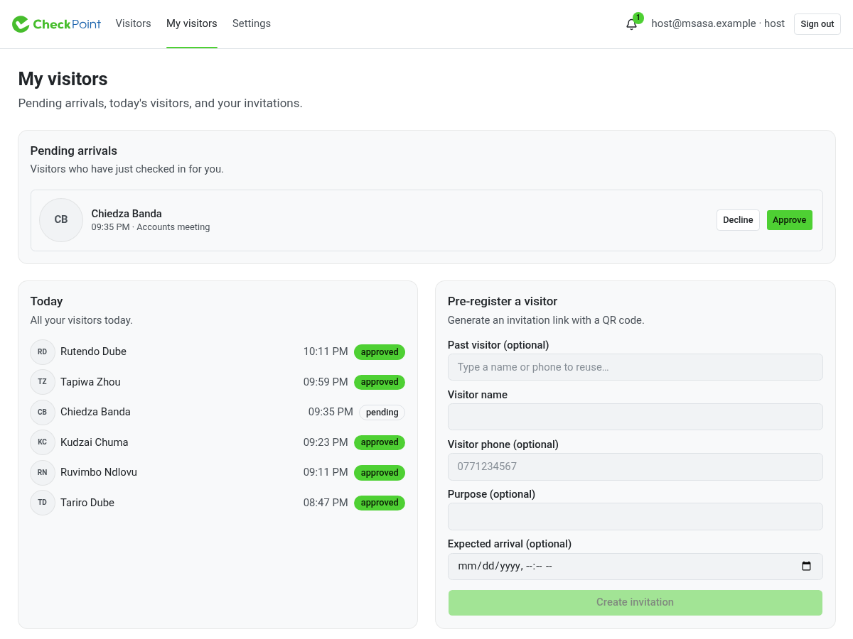 Checkpoint host dashboard with a pending arrival, approve and decline buttons, today's visitors, and the invitation form