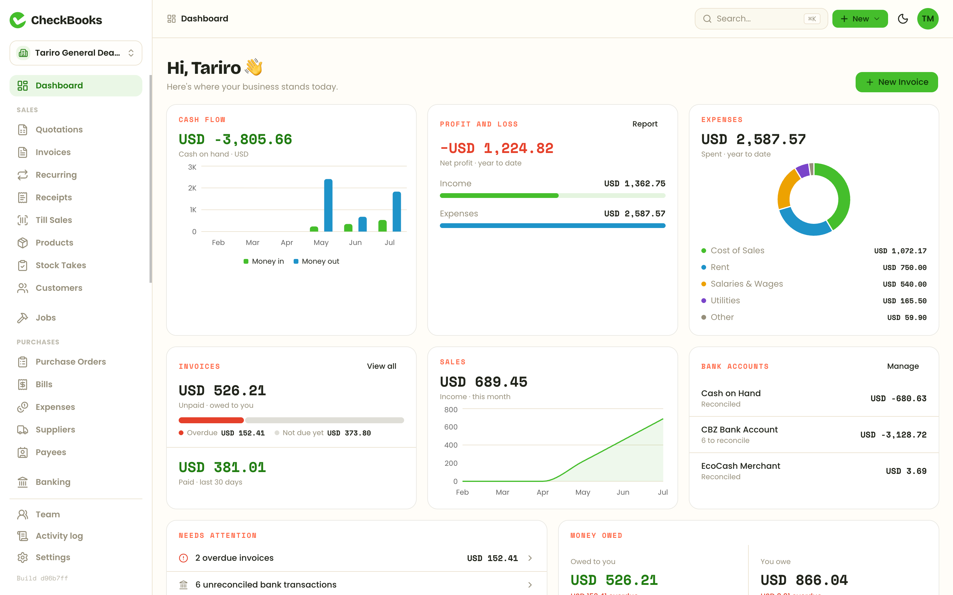CheckBooks — dashboard · light + dark