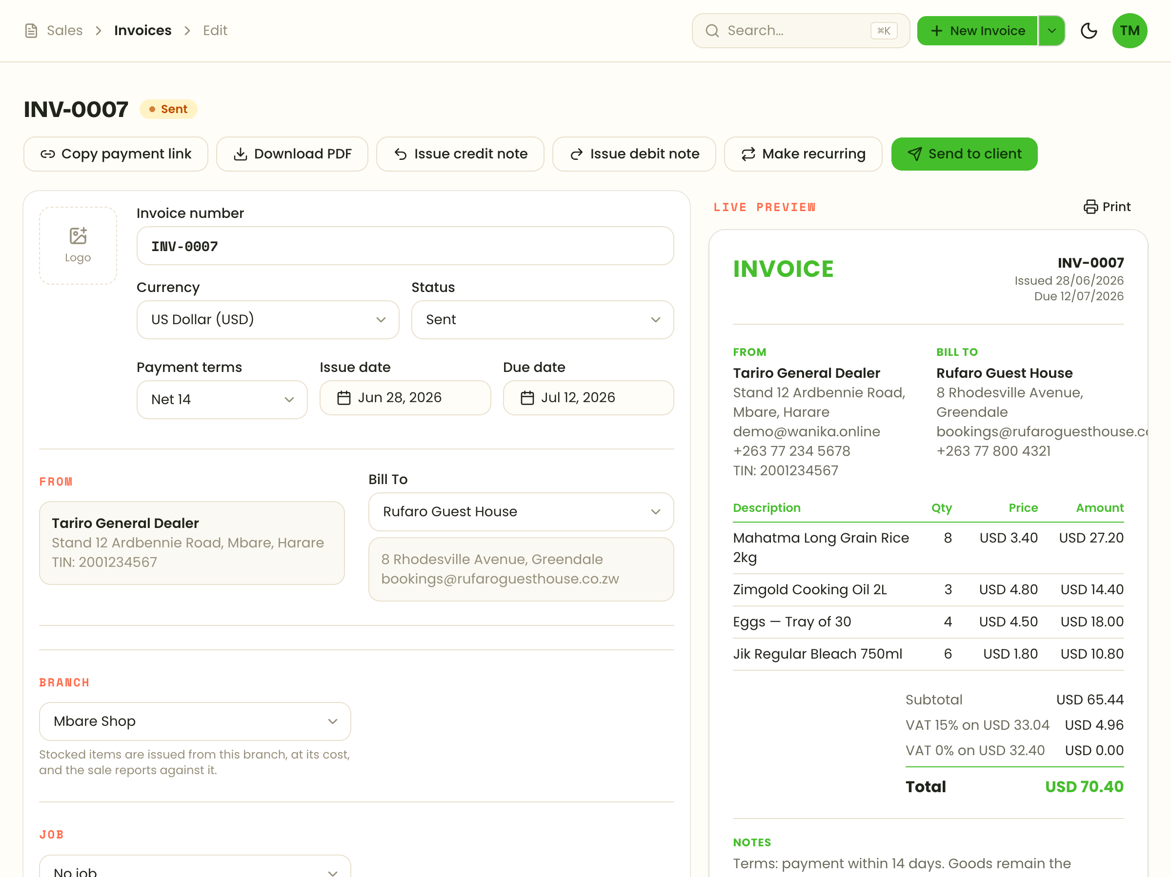 CheckBooks — invoice detail